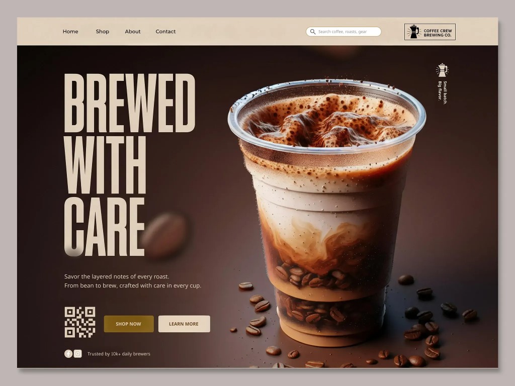 Coffee shop website example — hero section, menu highlights, ratings, and order call-to-action.